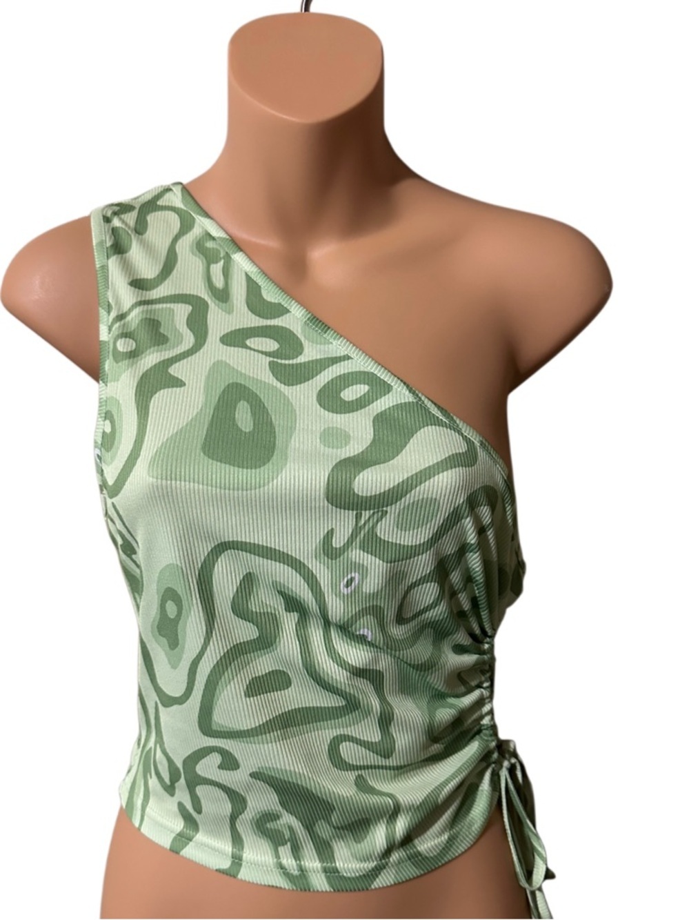 DOUBLE CRAZY L Green One Shoulder Ribbed Cutout Ruched Top Y2K Aesthetic